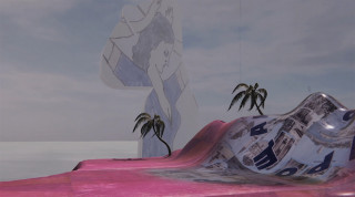 Fragment animacji - różowy horyzont z dwiema palmami. | Animation fragment - a pink horizon with two palm trees.